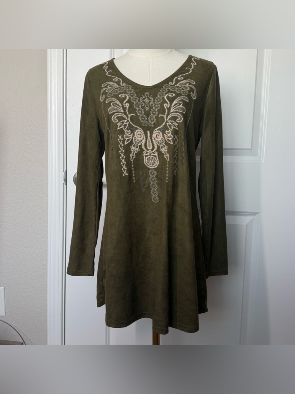 Forest Fairy Embroidered Dress Longsleeve Western Boho Olive green Small